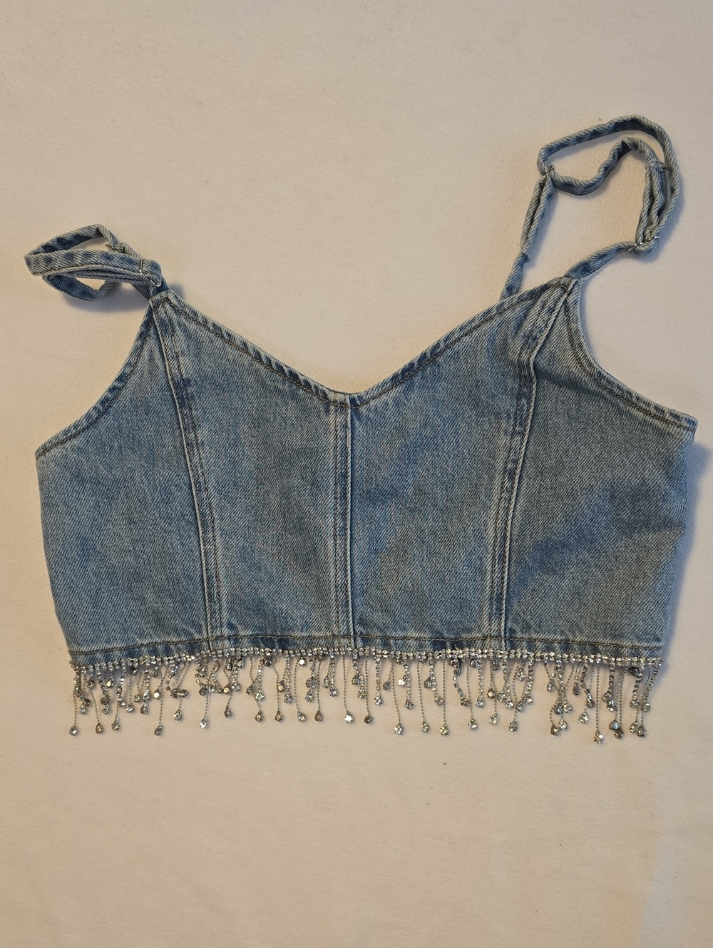 Urban Revivo Denim Beaded Fringe Crop Top - Blue